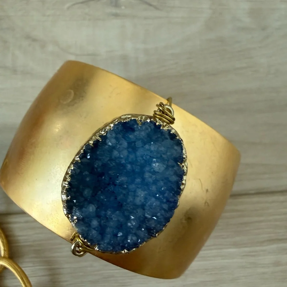 Chunky link necklace and bracelet set with blue quartz geode pendant boho - Picture 5 of 8